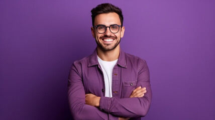 Young buisnessman wearing eyeglasses standing against purple background