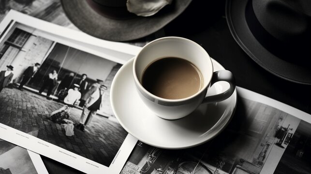 Still life details, cup of coffee and retro vintage black-and-white photos, top view point