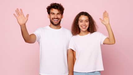 Young cheerful couple two friends man woman giving high five hold hands folded isolated.generative ai