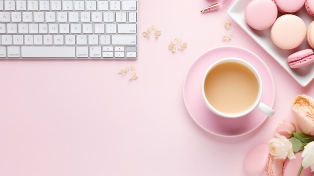 Styled stock photography pink office desk table with blank notebook, keyboard, macaroon, supplies and coffee cup. Top view with copy space. Flat lay