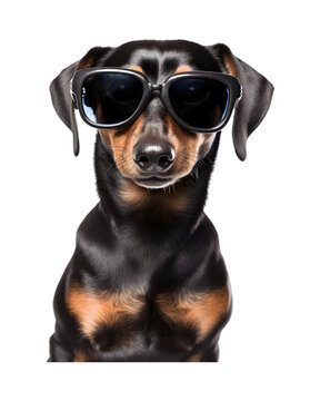 close-up photo of a happy dog wearing cool looking glasses isolated on a transparent background