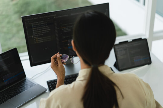 Developer programmer working to checking code on monitor while programming to developing website