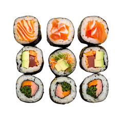 An ultra HD studio photo of Sushi Rolls, isolated on white, ultra textured, studio lighting, gourmandise