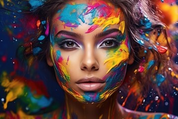 Art studio portrait of female model face in colorful paint splashes.
