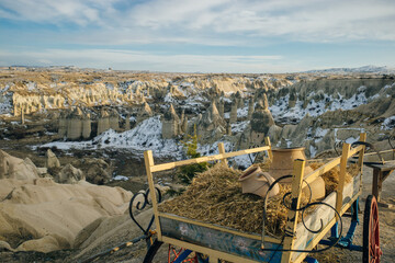 Cave town and rock formations in Zelve Valley, Cappadocia, Turkey - feb 2023