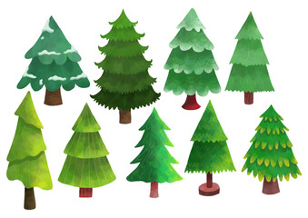 Watercolor Pine tree set vector illustration