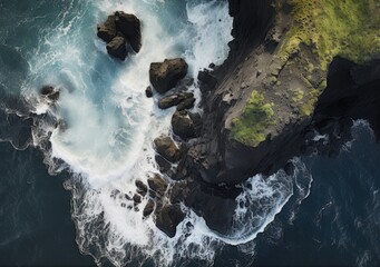 Aerial view of rocky coastline. Waves hitting in rocks. Birds eye view of the sea, cinimatic sea and moutain view. AI Generative.
