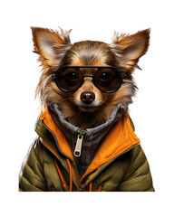 close-up photo of a happy dog wearing cool looking glasses isolated on a transparent background