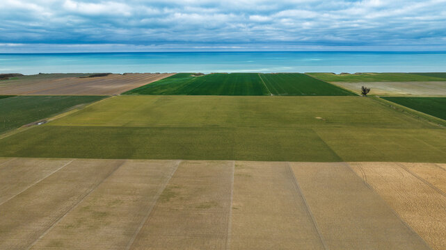 Aerial photograph of land plots in the farming countryside of the South Island New Zealand close to the coast and ocean