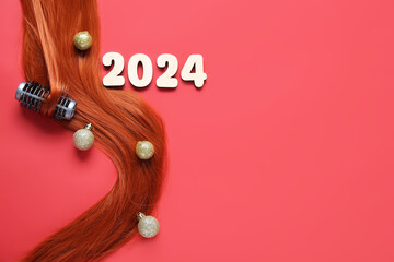 Figure 2024, ginger hair with curler and Christmas balls on red background