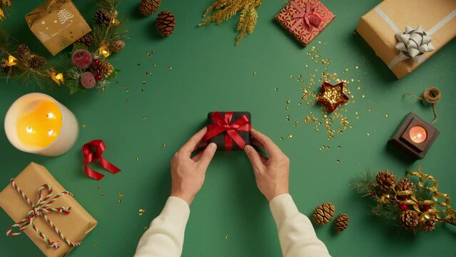 Close-up Top Down View On Handsome Male Hands Holding Gift In Small Elegant Black Velvet Jewelry Box Wrapped In Red Silk Ribbon With Bow. Love And Romantic Concept, Making Proposal On Christmas Eve 4K