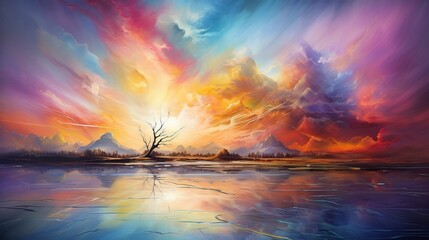 Rainbow Enlightenment. Escape to Reality series. Abstract arrangement of surreal sunset sunrise colors and textures on the subject of landscape painting, imagination, creativity and art