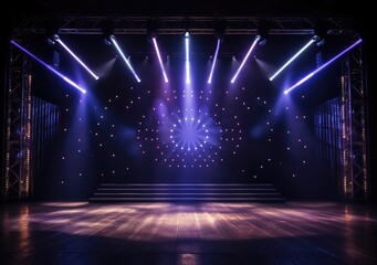 Free stage with lights, lighting devices, Shining spotlights and empty scene. Online event...
