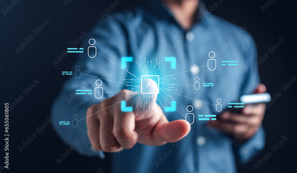 Poster User using chat ai smart robot system intelligence Ai. Chat with AI Artificial Intelligence, developed and generate. Futuristic technology, robot in online system.