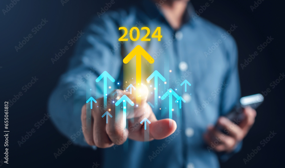 Leinwandbilder growth up of happy new year resolution planning and challenge strategy business with arrow up in new