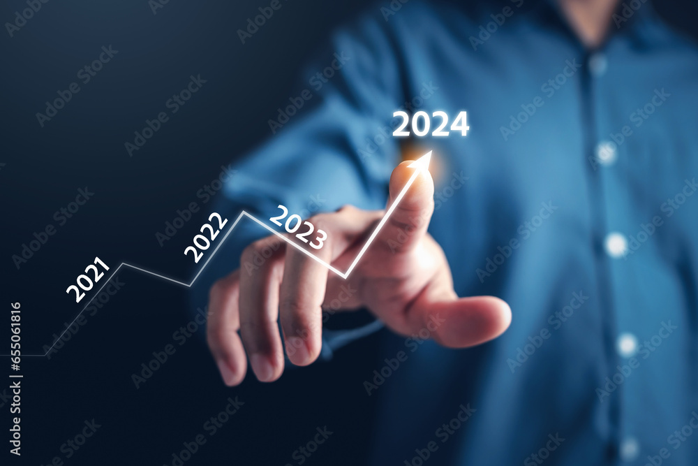 Aufkleber growth up of happy new year resolution planning and challenge strategy business with arrow up in new