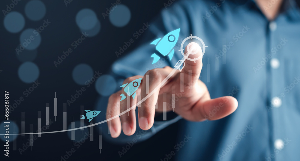 Aufkleber businessman touch rocket launch investment growth, planning and starting corporate business start up