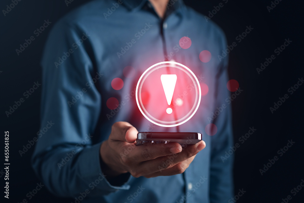 Aufkleber System warning caution sign on smartphone, scam virus attack on firewall for notification error and maintenance. Network security vulnerability, data breach, illegal connection and information danger.