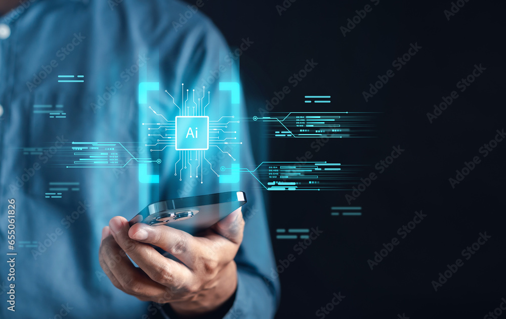 Leinwandbilder User using chat ai smart robot system intelligence Ai. Chat with AI Artificial Intelligence, developed and generate. Futuristic technology, robot in online system.