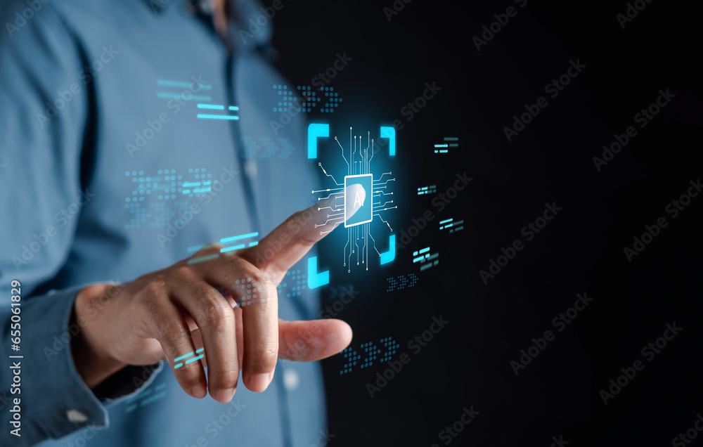 Poster User using chat ai smart robot system intelligence Ai. Chat with AI Artificial Intelligence, developed and generate. Futuristic technology, robot in online system.