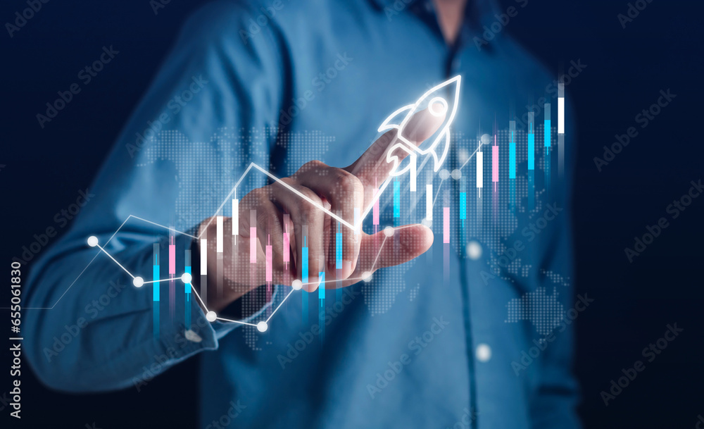 Aufkleber businessman touch rocket launch investment growth, planning and starting corporate business start up