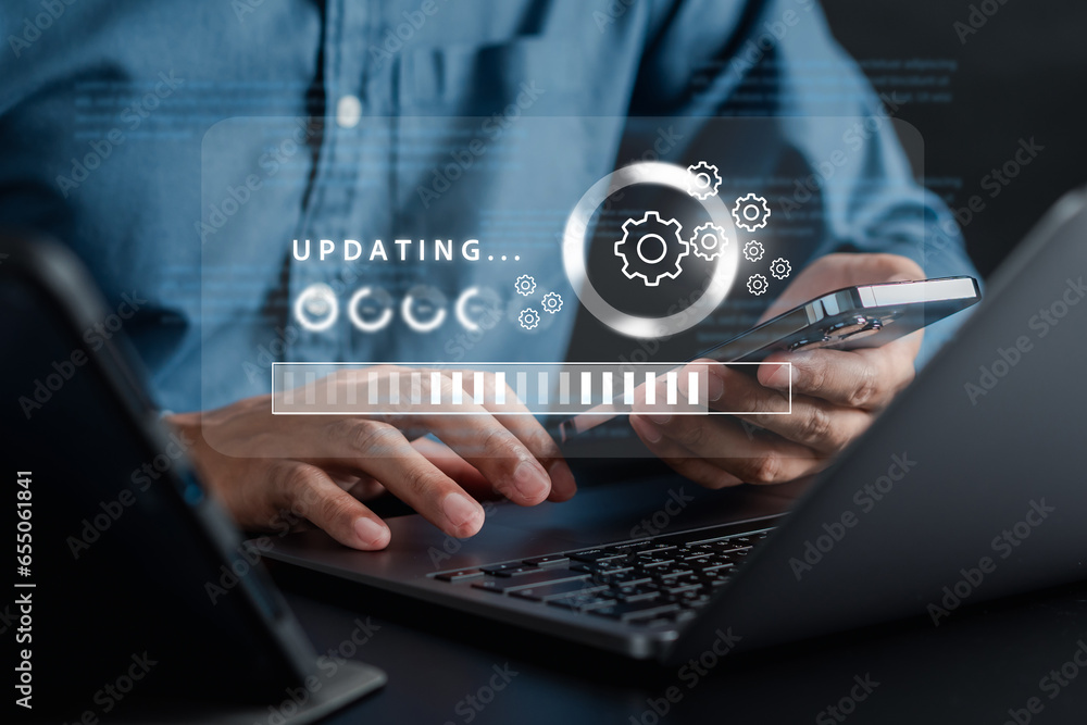 Aufkleber Update software and installing new version system in computer. Man upgrade program, Business technology internet loading bar with installing the update for the quality better...