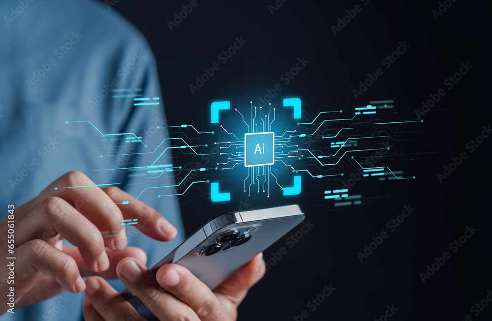 Poster User using chat ai smart robot system intelligence Ai. Chat with AI Artificial Intelligence, developed and generate. Futuristic technology, robot in online system.
