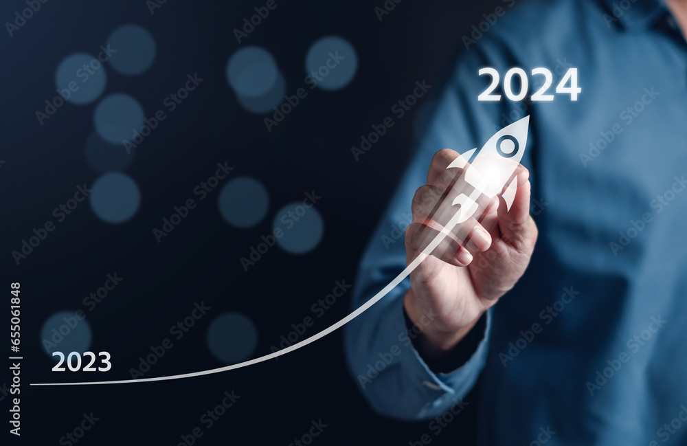 Aufkleber start 2024 with rocket launch of happy new year resolution planning and challenge strategy business 