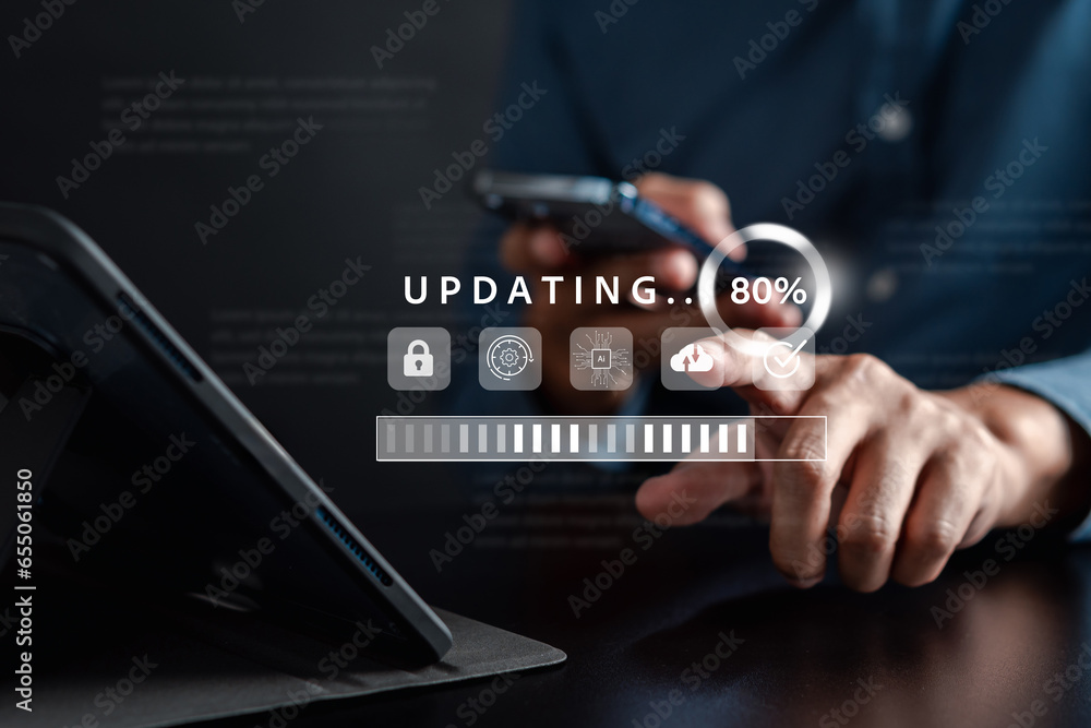 Poster Update software and installing new version system in computer. Man upgrade program, Business technology internet loading bar with installing the update for the quality better...