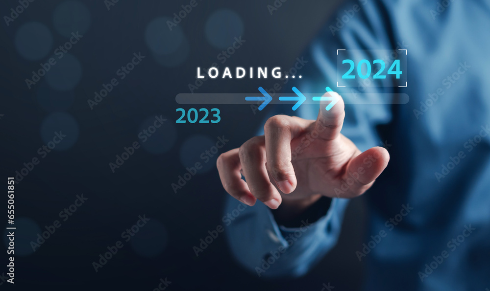 Poster Loading progress from 2023 to 2024 to countdown merry christmas and happy new year, Planning and challenge strategy in new year 2024 Concept.