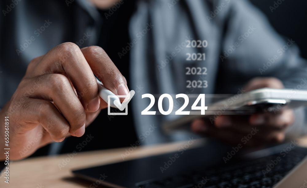 Poster starting new year with ambition 2024 and countdown merry christmas and happy new year, planning and 