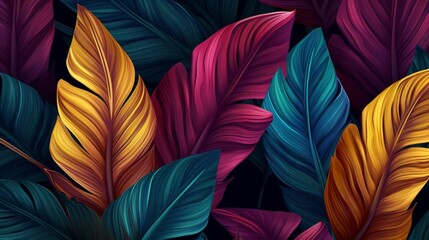 Luxury seamless pattern, pastel colorful tropical leaves, exotic palm, jungle, foliage. Hand-drawn vintage 3d illustration. Dark glamorous bright background. Wallpapers, cloth, fabric printing, goods - obrazy, fototapety, plakaty