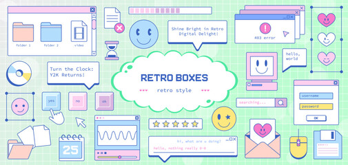 Y2K Retro Windows and Icons. Nostalgic Old Computer User Interface with Vaporwave Aesthetics. Vintage Screen and UI, Bright Colors, and Cute Smile Elements.