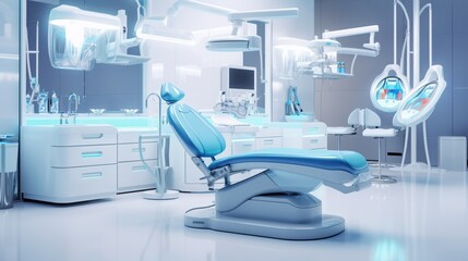 Fototapeta na wymiar Modern Dental Clinic, Dentist chair and other accessories used by dentists in blue medical light