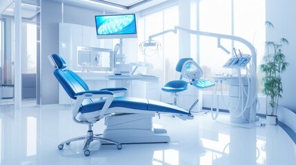 Modern Dental Clinic, Dentist chair and other accessories used by dentists in blue medical light - obrazy, fototapety, plakaty