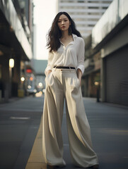 female fashion with shirt tuck in and long wide pants in street _Generative AI - obrazy, fototapety, plakaty