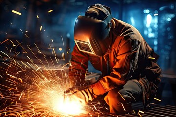 Welder is welding metal, industry them bokeh and sparkle background. Industrial Welder With Torch. Highly skilled welder workers are welding in the construction site in the factory. - obrazy, fototapety, plakaty
