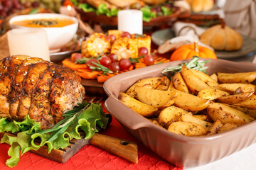 Festive table setting with tasty food for Thanksgiving Day, closeup