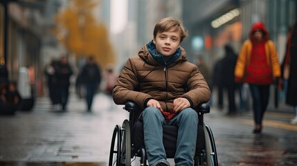 Digital composite of Disabled boy in wheelchair with bright background