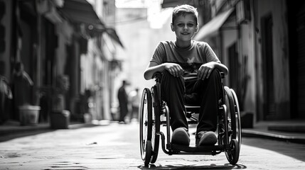 Obraz premium Digital composite of Disabled boy in wheelchair with bright background