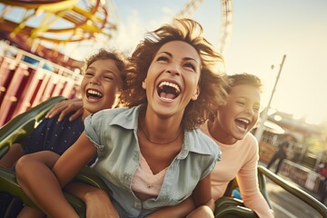 Young Caucasian or Scandinavian mother and two children riding a rollercoaster at an amusement park or state fair, experiencing excitement, joy, laughter and summer fun.