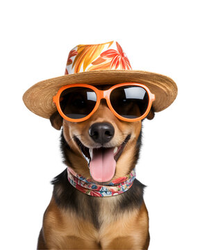 close-up photo of a happy dog wearing a summer hat and cool looking glasses isolated on a transparent background