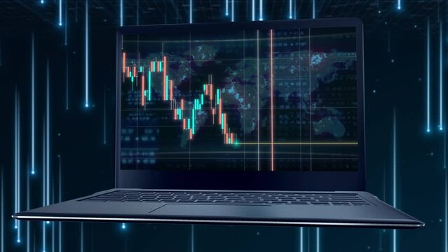 Stock market graph analyzing stock market financial index on laptop screen data hologram interface financial 