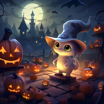 A cute cat wearing hat on a haunted house in dark night