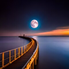 moon over the sea, bridge over lake at night
