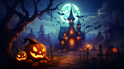 Fototapeta na wymiar Halloween background with spooky house with a pumpkin_04