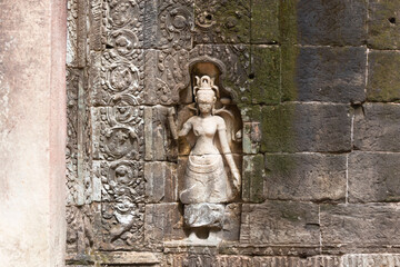 Ta Prohm temple ruins hidden in jungles at Angkor Wat - Wall carving with woman famous Angkor Wat...