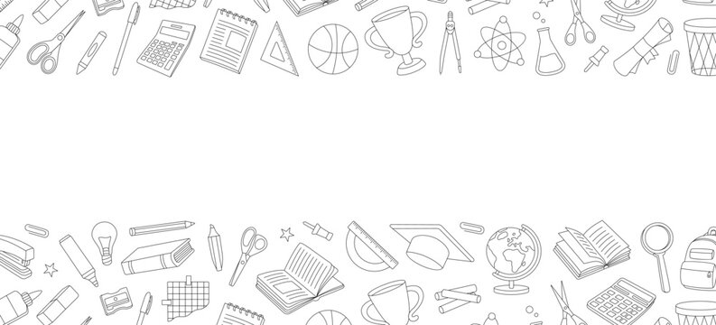 School outline banner. Back to school. Trophy, diploma, notebook, microscope, tube, pencil, eraser, schoolbag, globe, scissors, calculator.