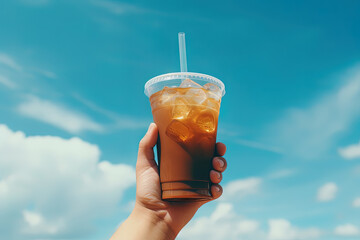 Hand holding iced coffee in a plastic cup with a blue sky and cloud background - Powered by Adobe