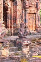 Bas-relief at Banteay srei - Beautiful stone carving of Banteay Srei temple the most beautiful pink sandstone temple in Siem Reap, Cambodia.